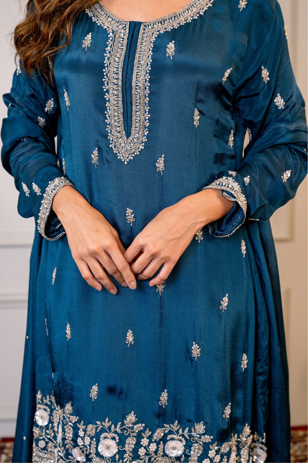 Navy Blue Silk Suit Set with Cutdana and Sequins Work
