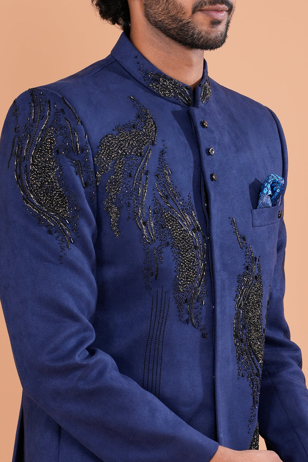 Navy Blue Suede Jodhpuri Set with Cut Dana & Pearl Hand Embroidery
