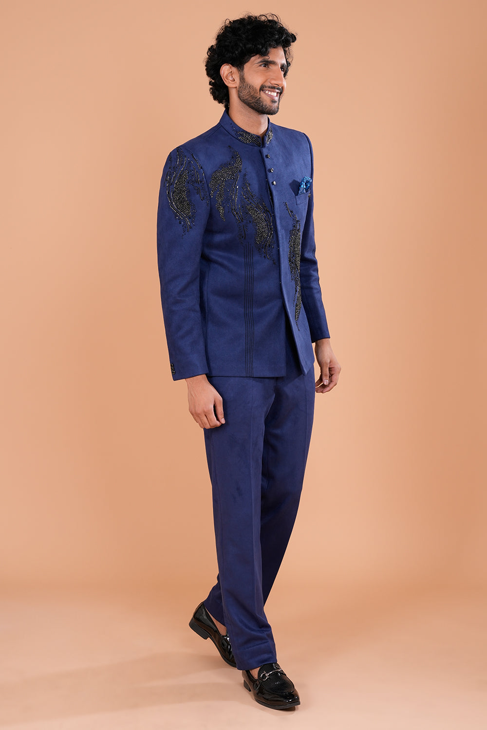Navy Blue Suede Jodhpuri Set with Cut Dana & Pearl Hand Embroidery