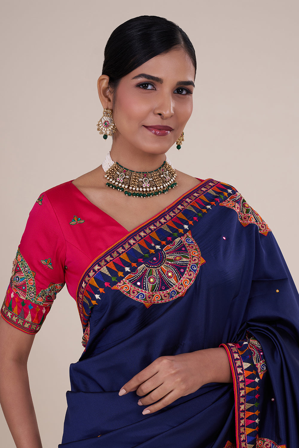 Navy folk-embroidered silk saree