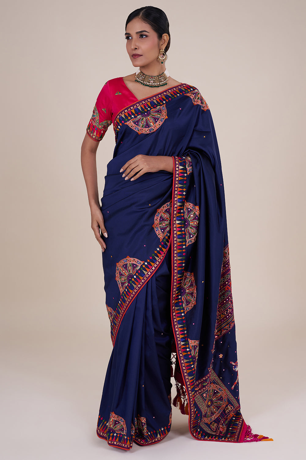 Navy folk-embroidered silk saree