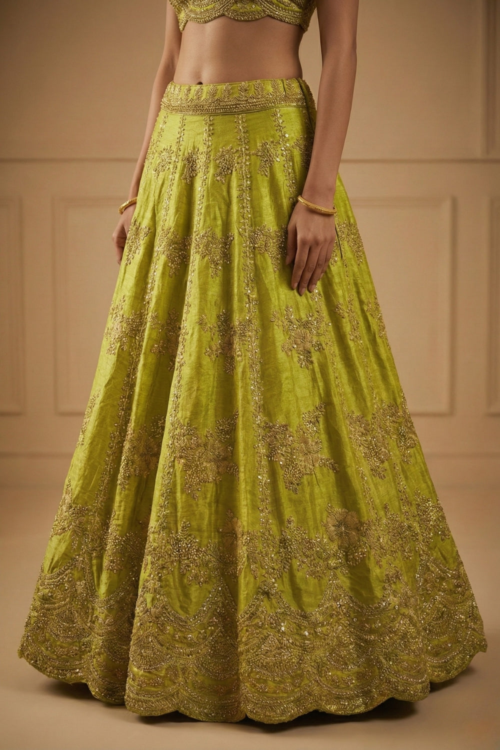 Neon Green Tissue Silk Lehenga Set with Cutdana and Moti Work
