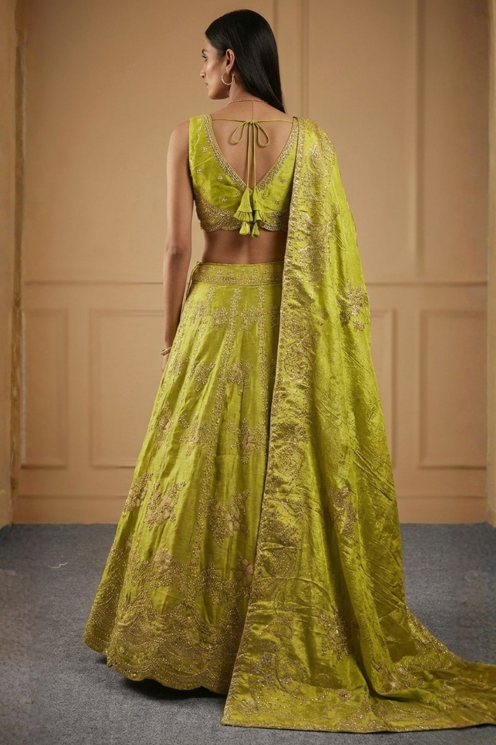 Neon Green Tissue Silk Lehenga Set with Cutdana and Moti Work