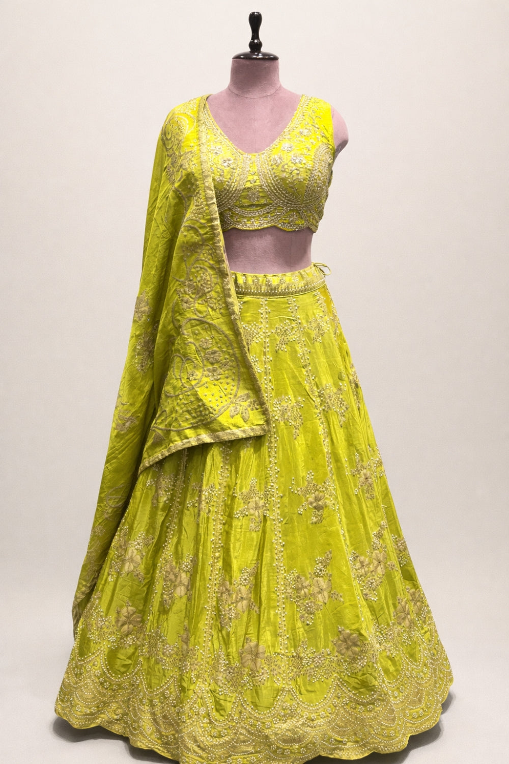 Neon Green Tissue Silk Lehenga Set with Cutdana and Moti Work
