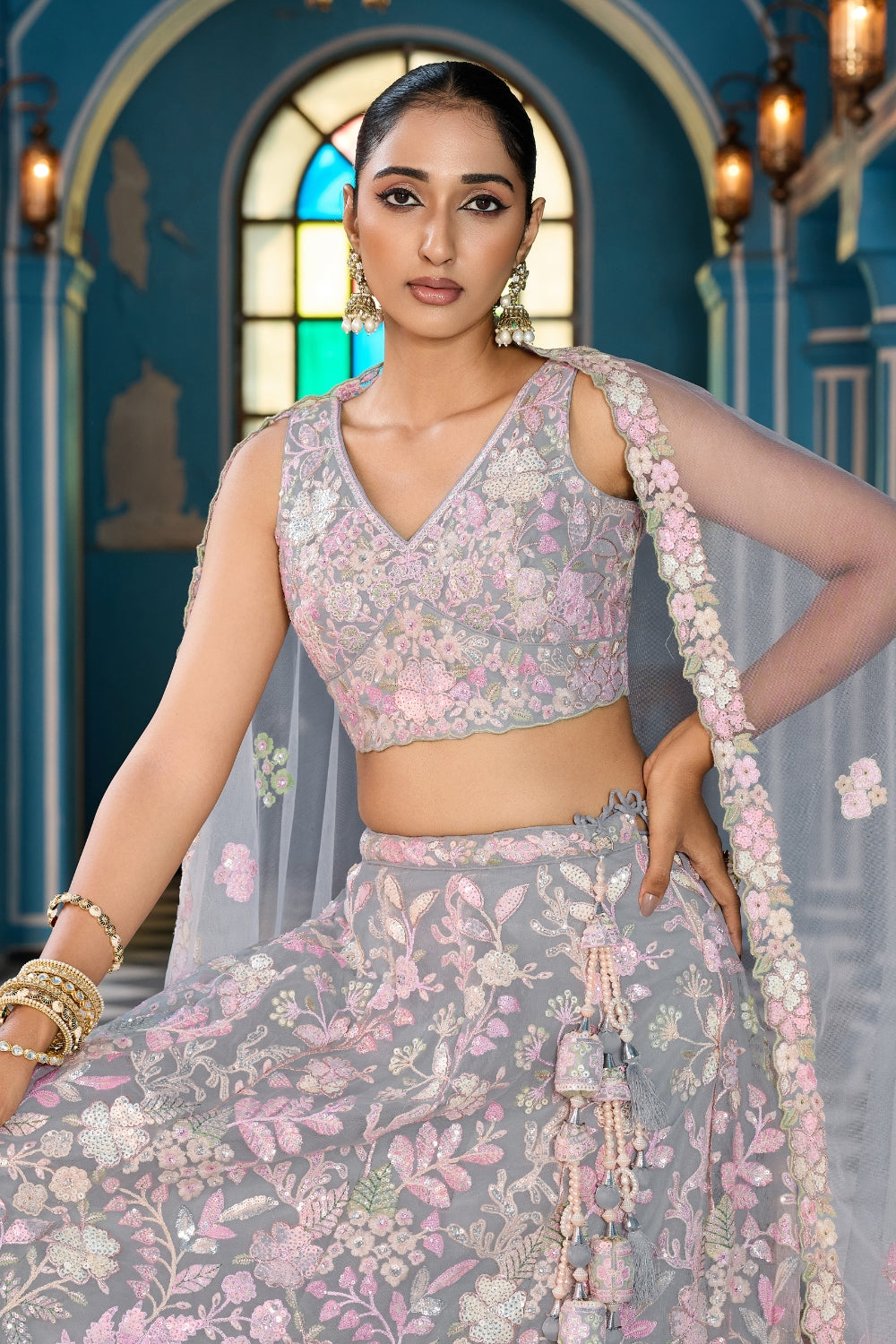 Net Lehenga Choli with Moti and Cutdana Work