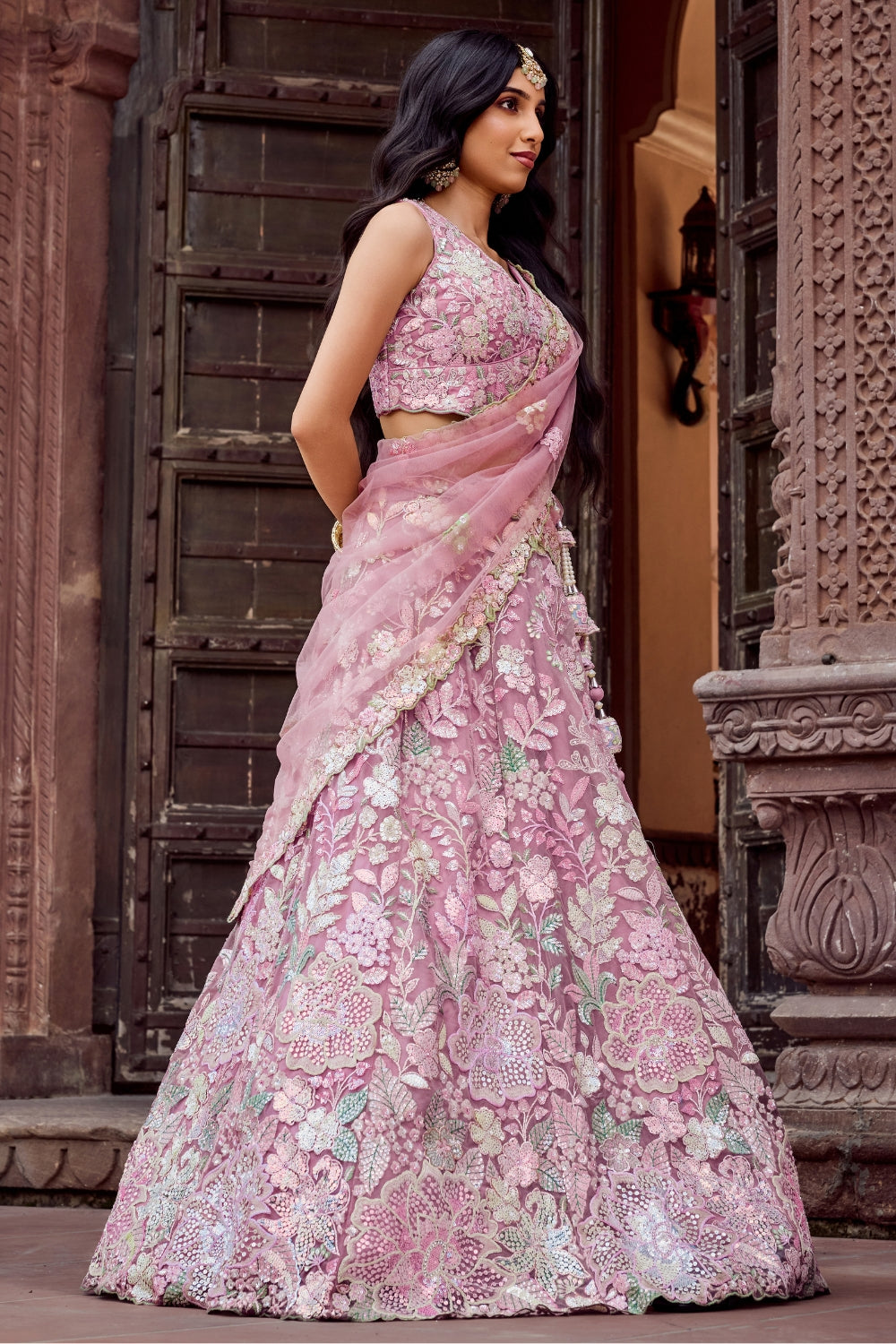 Net Lehenga Choli with Moti and Cutdana Work