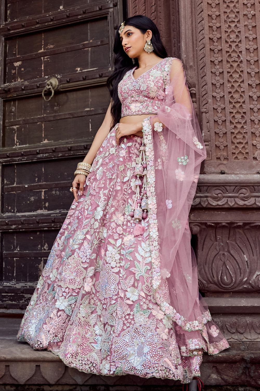 Net Lehenga Choli with Moti and Cutdana Work