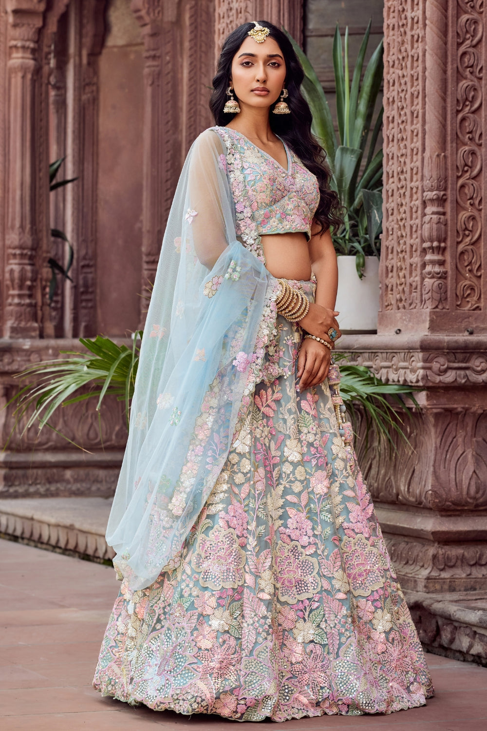 Net Lehenga Choli with Moti and Cutdana Work