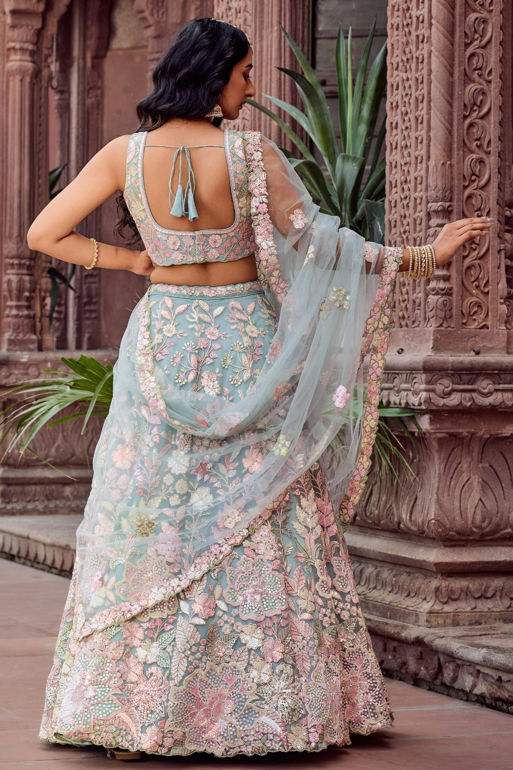 Net Lehenga Choli with Moti and Cutdana Work
