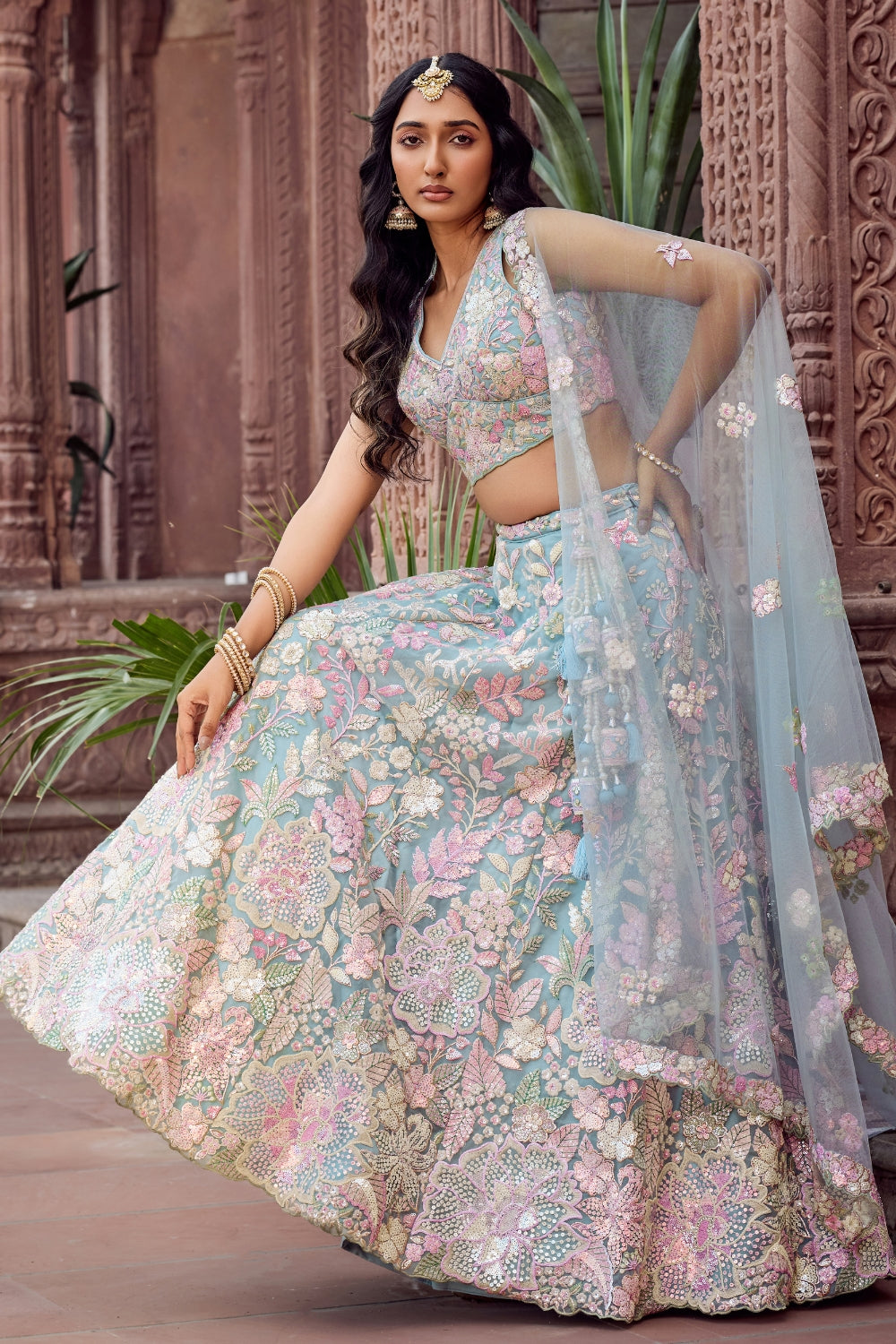 Net Lehenga Choli with Moti and Cutdana Work