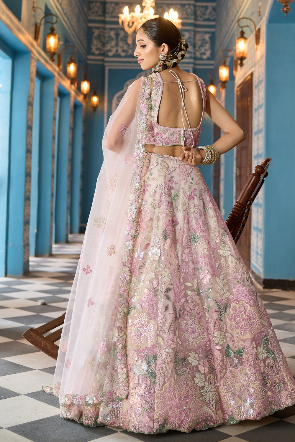 Net Lehenga Choli with Moti and Cutdana Work