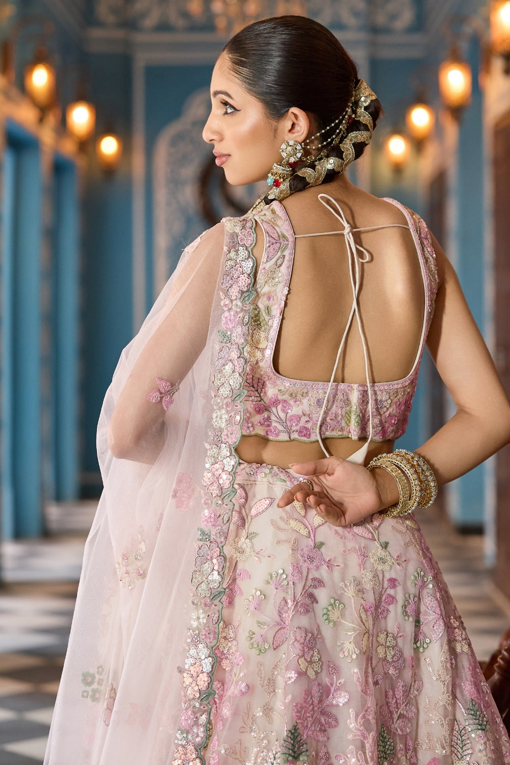 Net Lehenga Choli with Moti and Cutdana Work