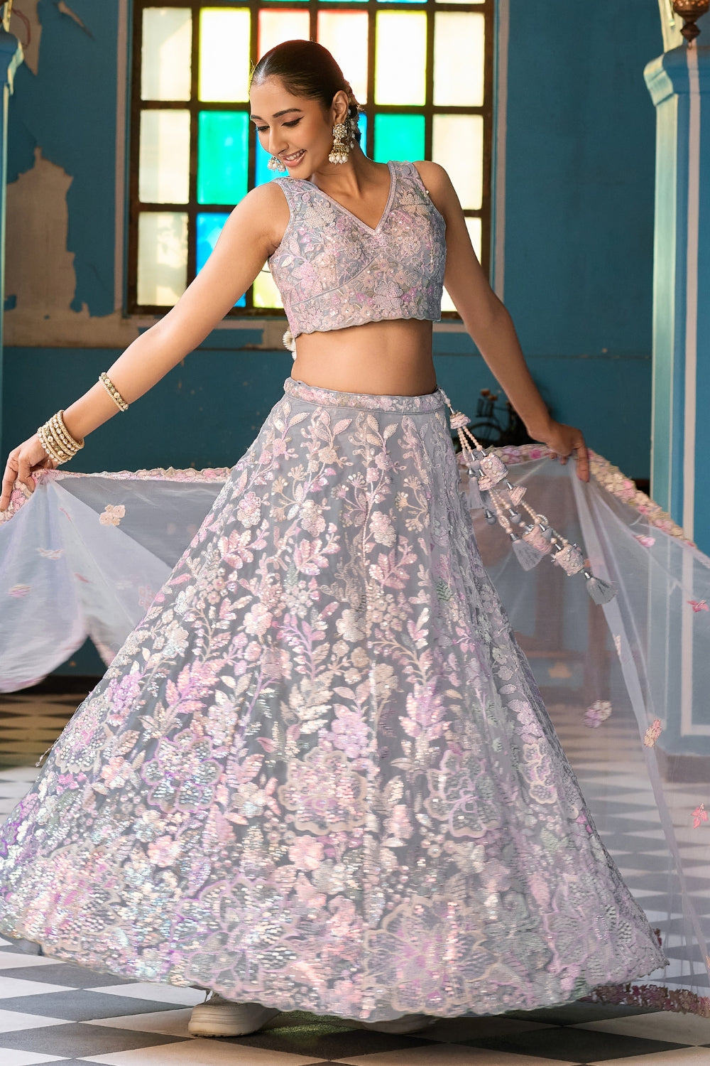 Net Lehenga Choli with Moti and Cutdana Work
