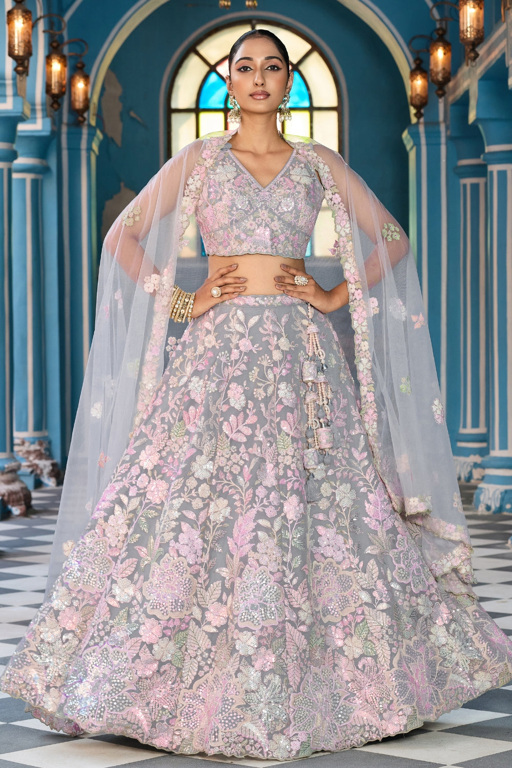 Net Lehenga Choli with Moti and Cutdana Work