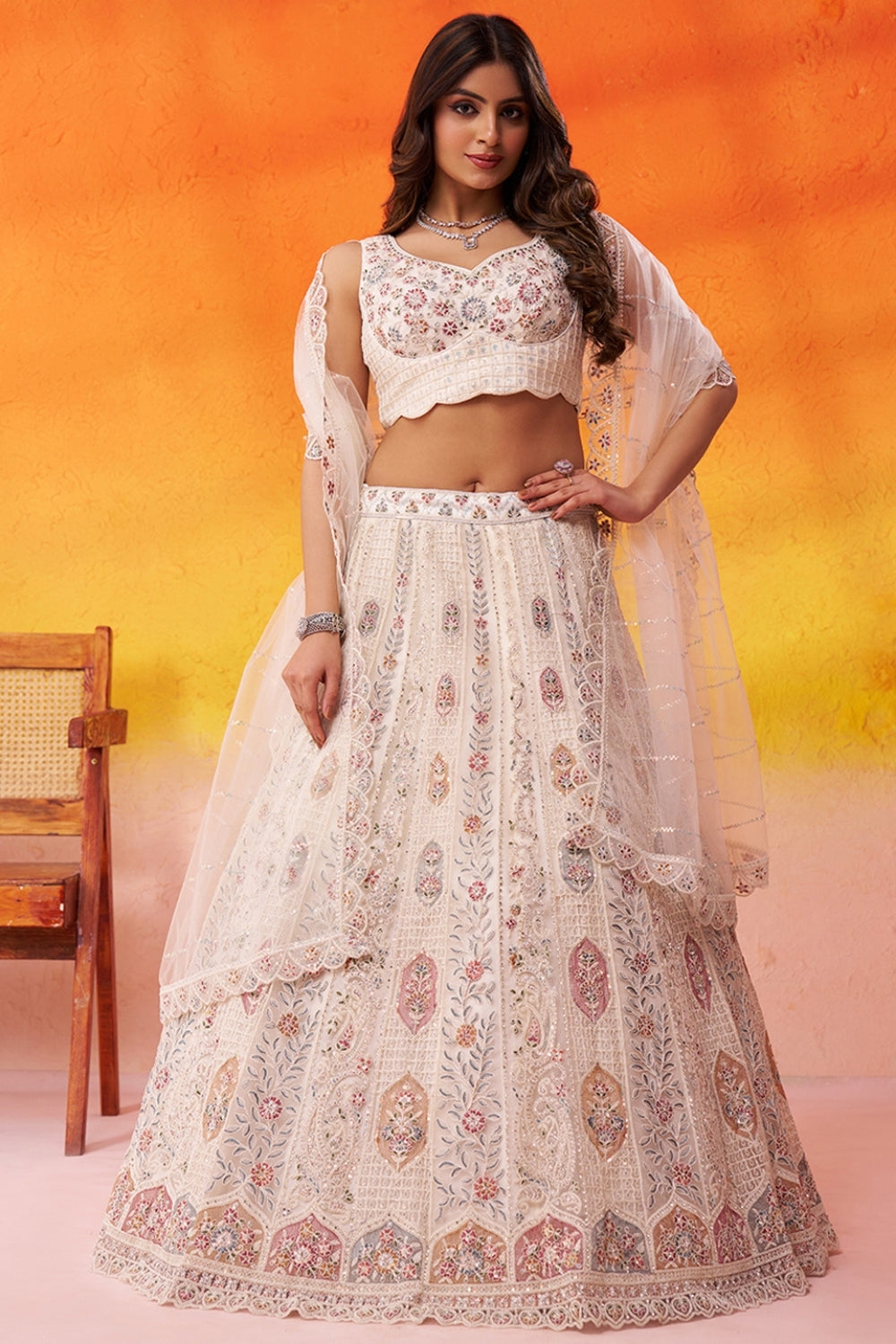 Net Lehenga Set with Embroidery and Sequins Work