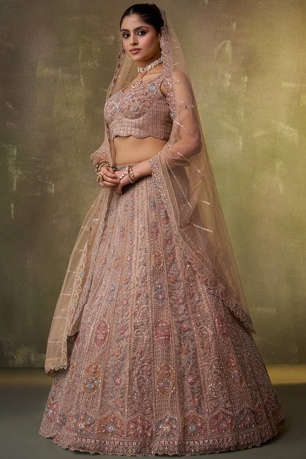 Net Lehenga Set with Embroidery and Sequins Work