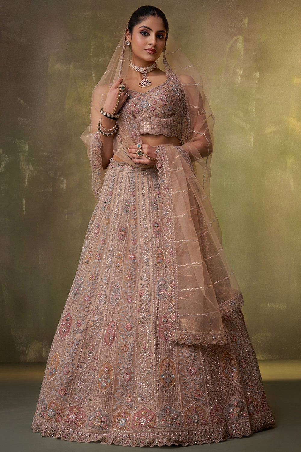 Net Lehenga Set with Embroidery and Sequins Work