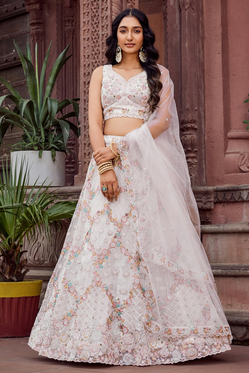 Net Lehenga Set with Resham Embroidery and Sequins Work