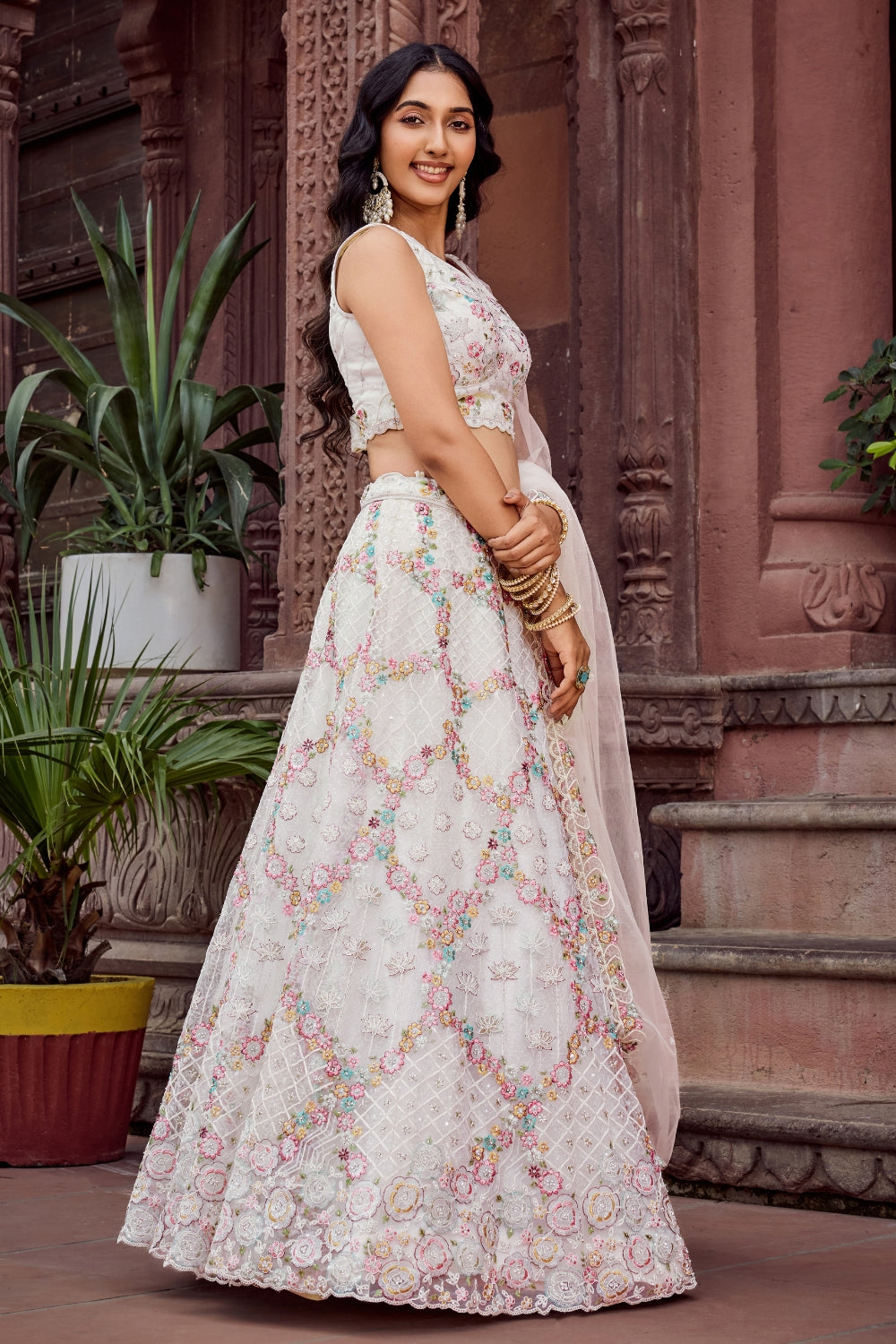 Net Lehenga Set with Resham Embroidery and Sequins Work
