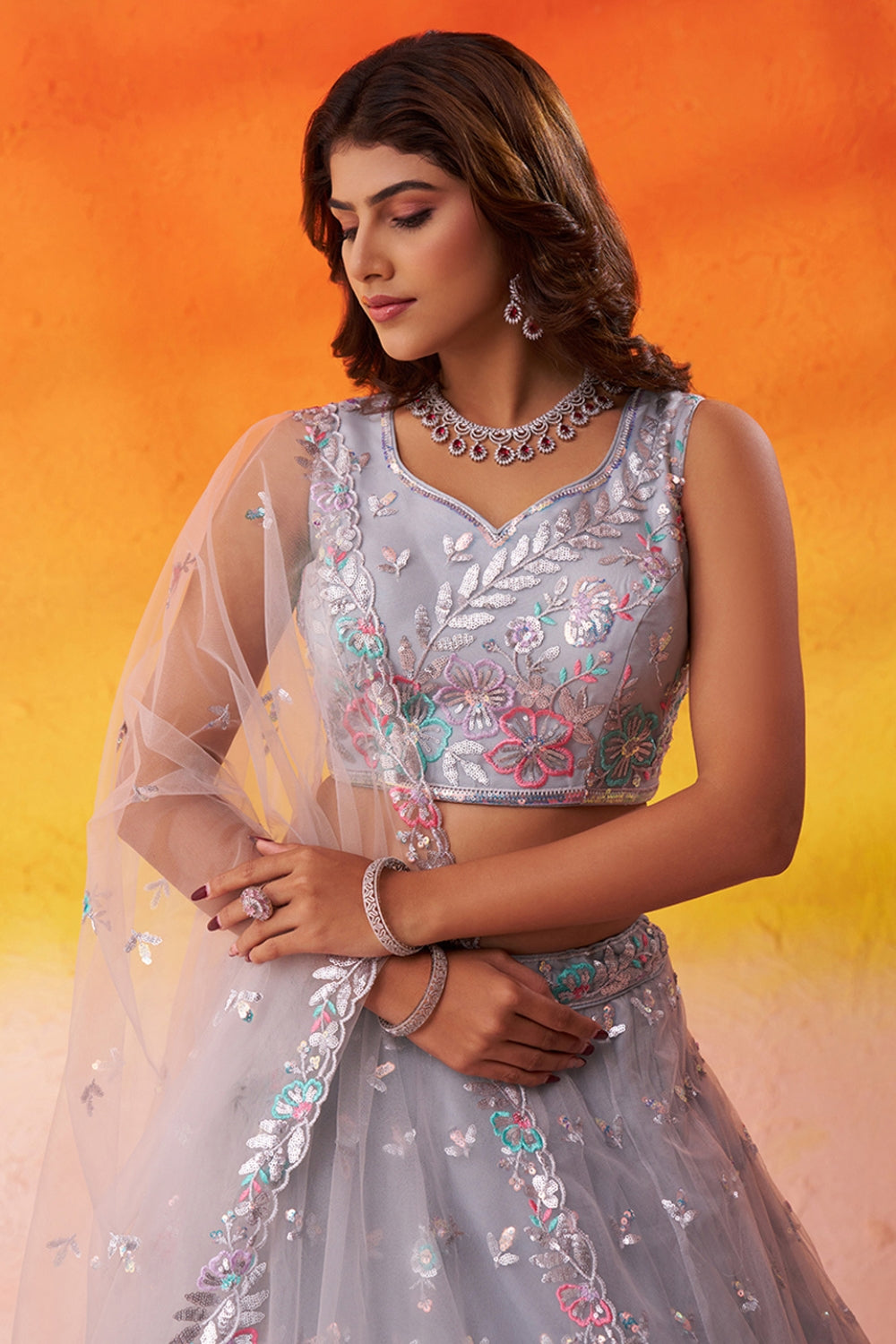 Net Lehenga Set with Resham Embroidery and Sequins Work