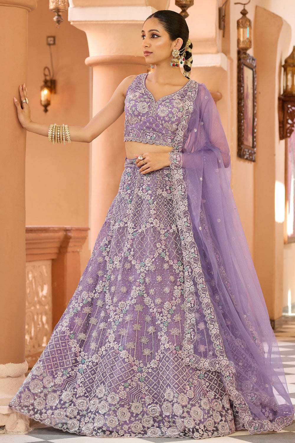 Net Lehenga Set with Resham Embroidery and Sequins Work