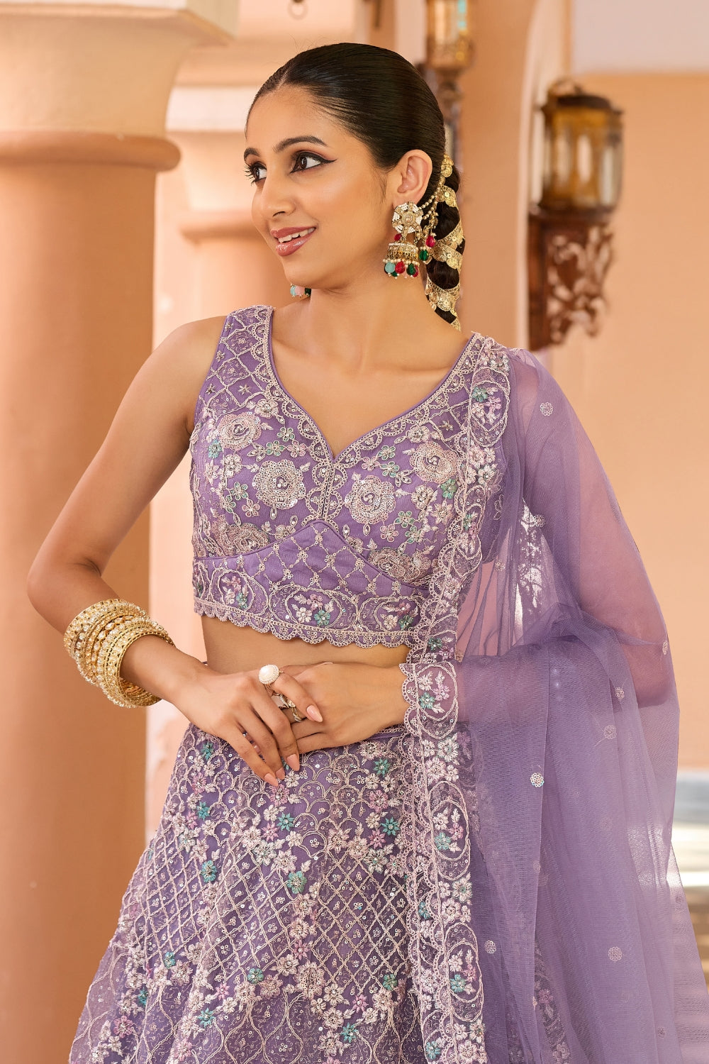 Net Lehenga Set with Resham Embroidery and Sequins Work