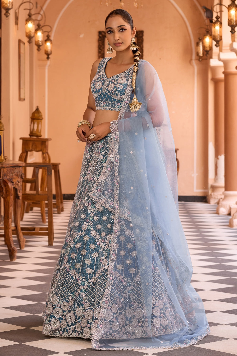 Net Lehenga Set with Resham Embroidery and Sequins Work