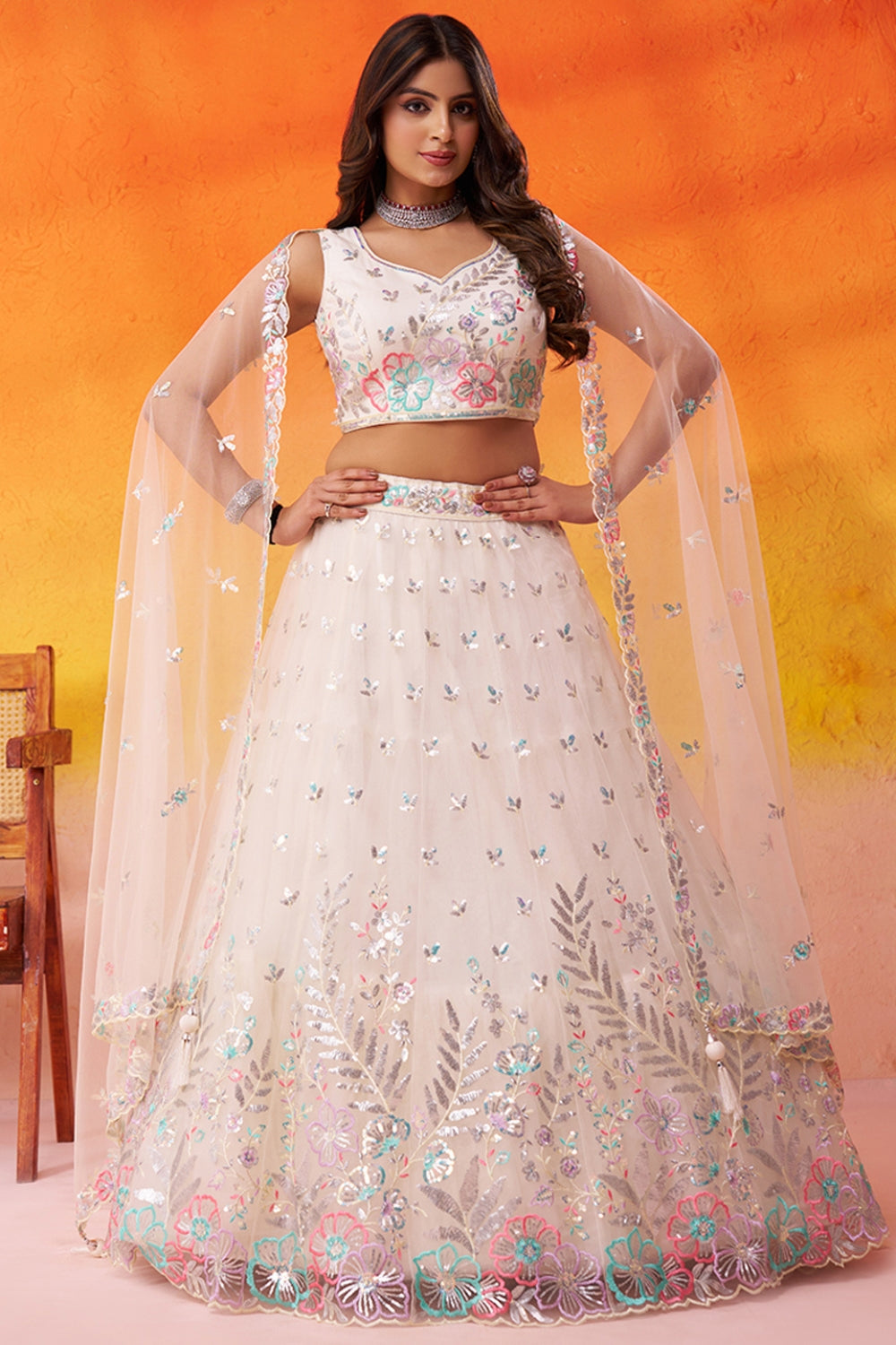 Net Lehenga Set with Resham Embroidery and Sequins Work