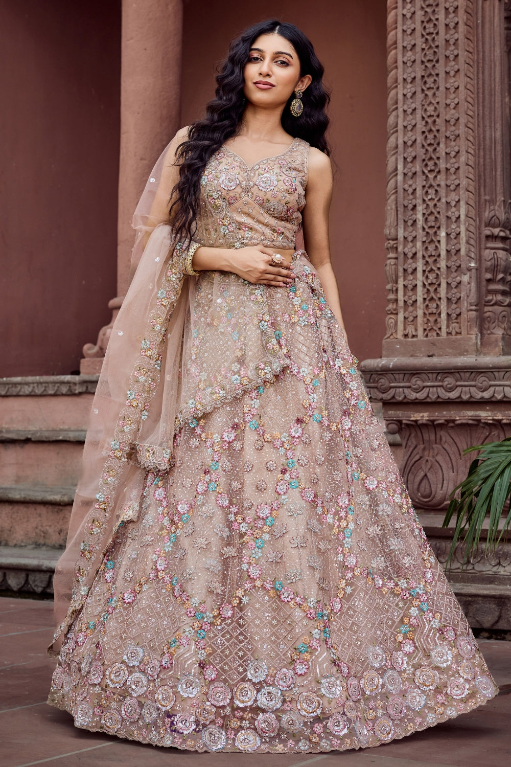Net Lehenga Set with Resham Embroidery and Sequins Work