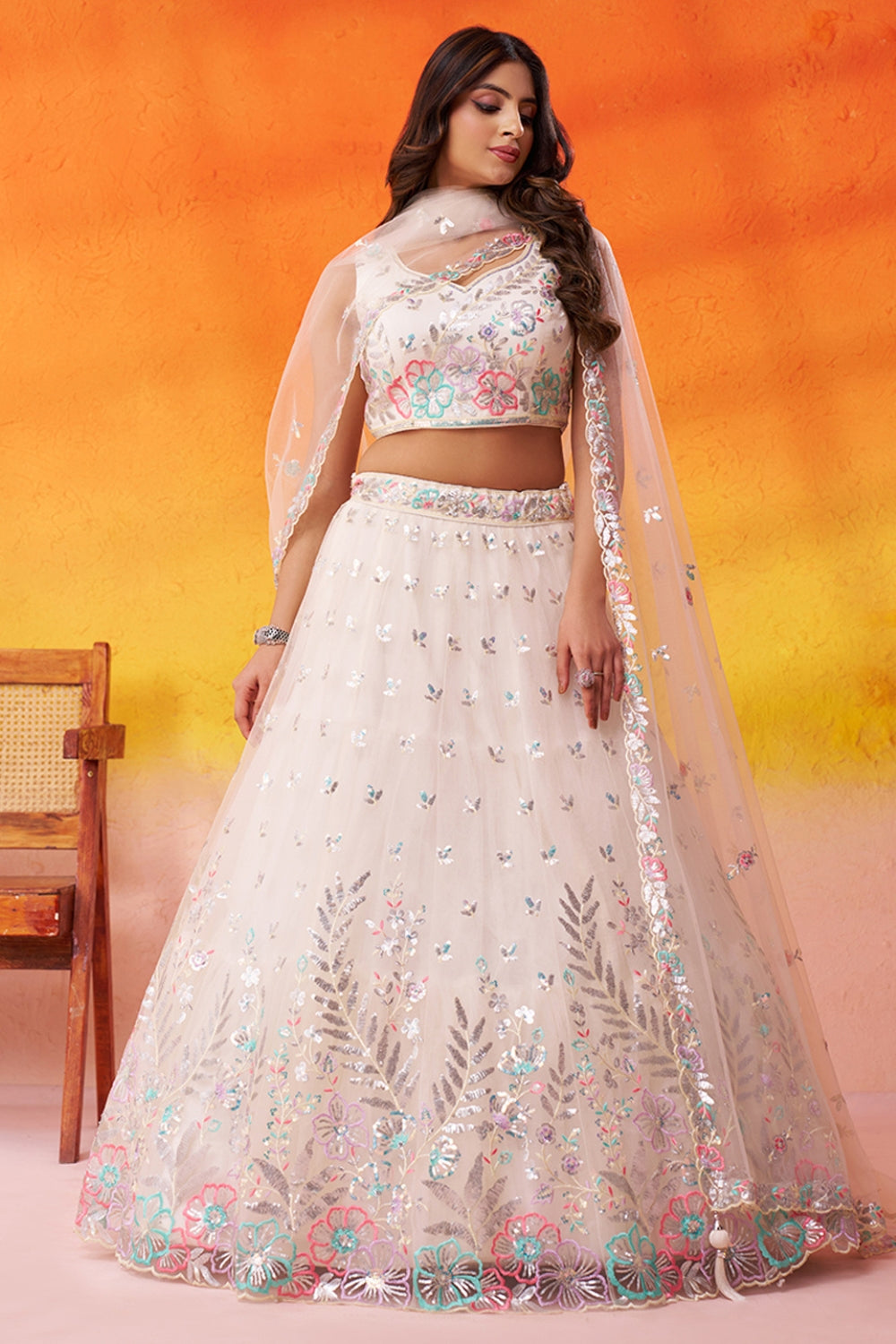 Net Lehenga Set with Resham Embroidery and Sequins Work