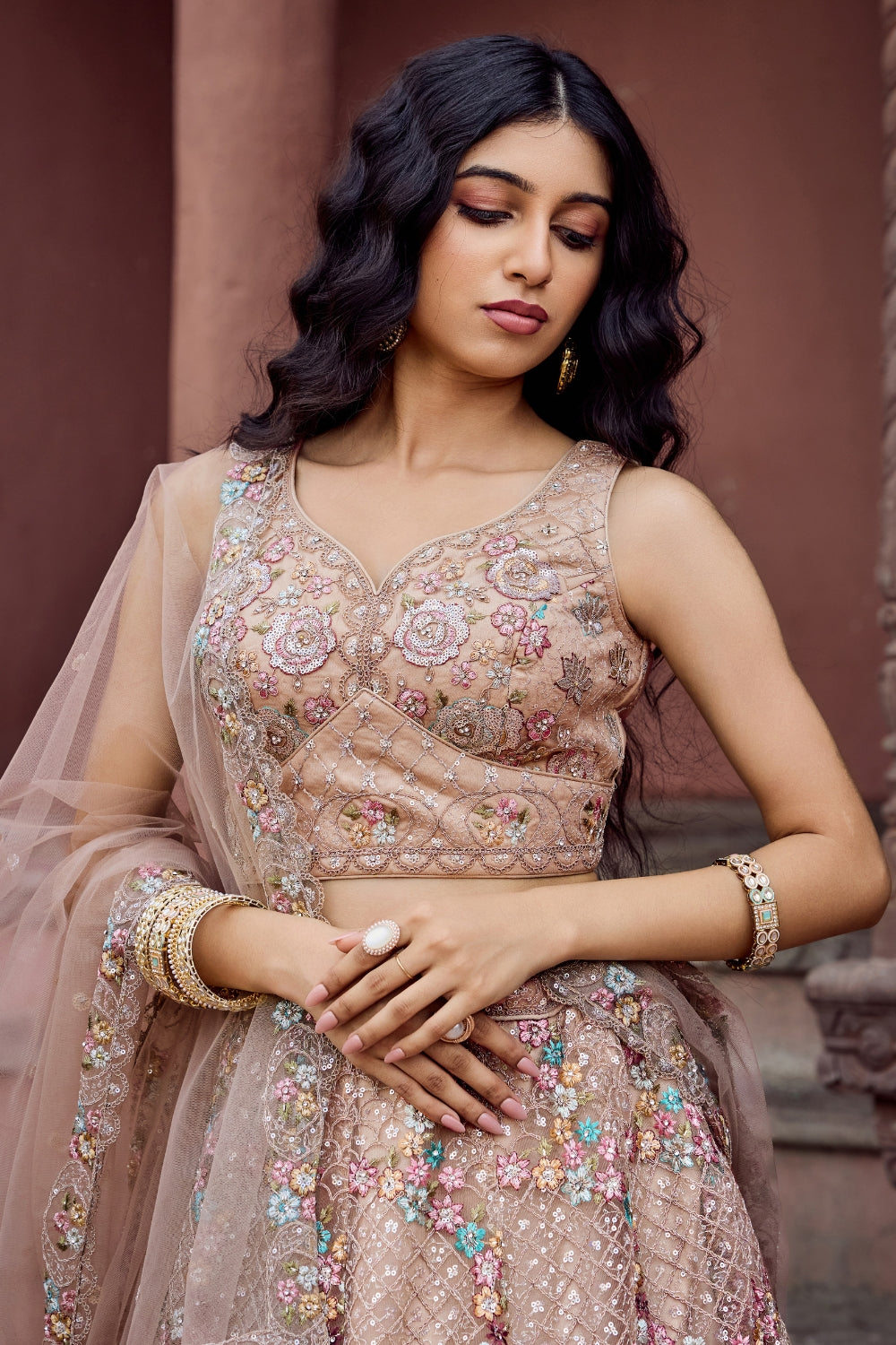 Net Lehenga Set with Resham Embroidery and Sequins Work