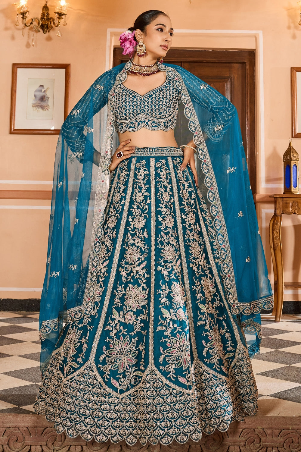 Net Lehenga Set with Resham Embroidery and Stone Work
