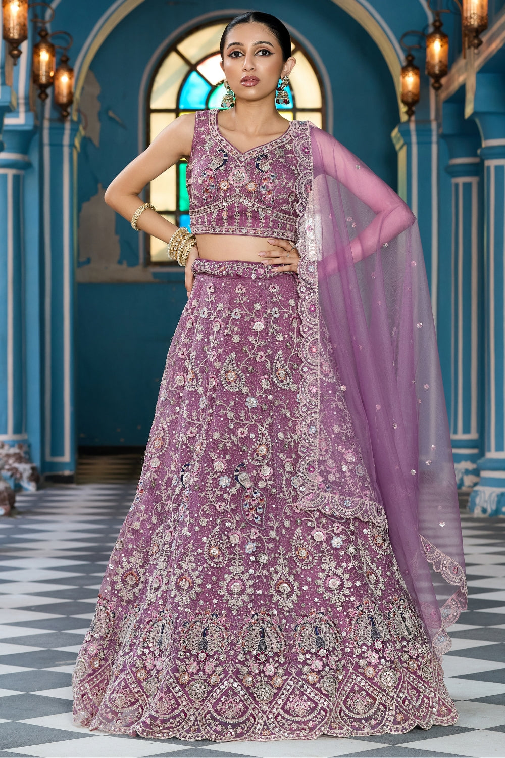 Net Lehenga Set with Resham Embroidery and Stone Work