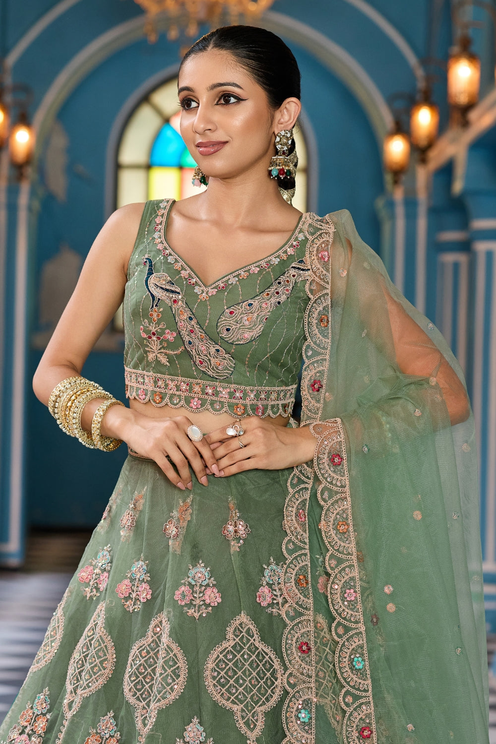 Net Lehenga Set with Resham Embroidery and Stone Work