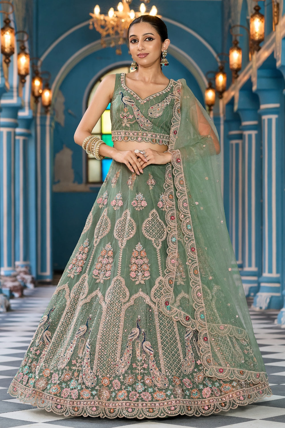 Net Lehenga Set with Resham Embroidery and Stone Work