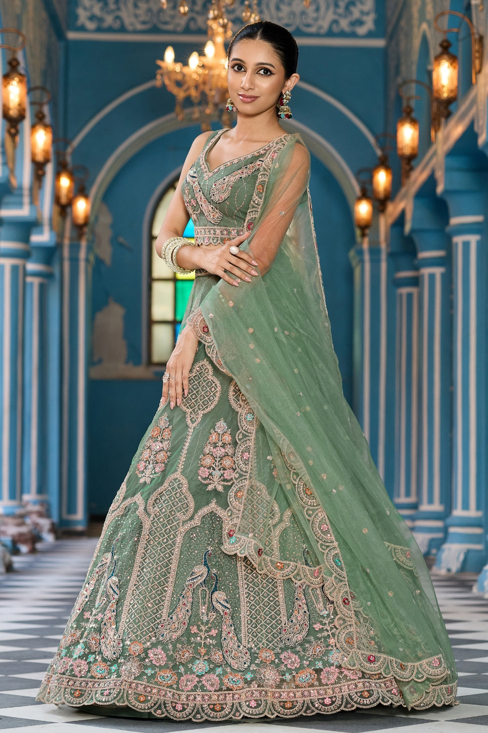 Net Lehenga Set with Resham Embroidery and Stone Work