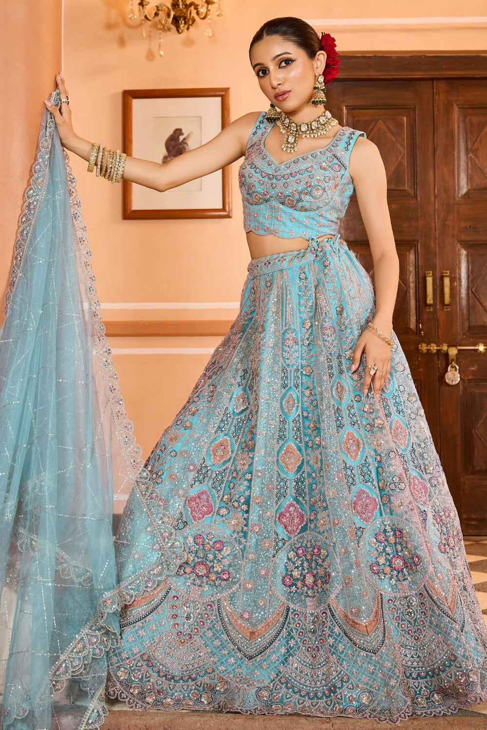Net Lehenga Set with Resham Embroidery and Stone Work