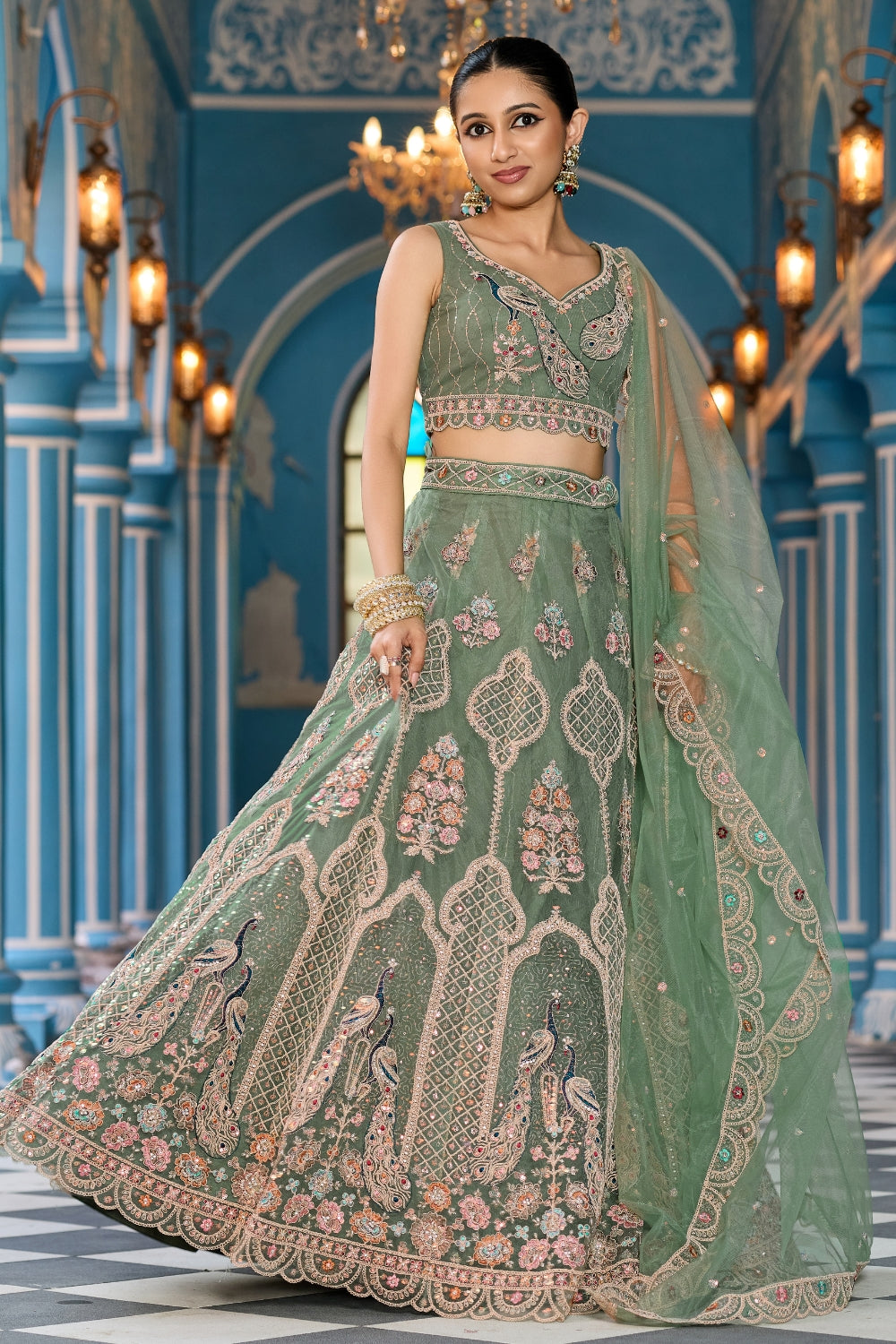 Net Lehenga Set with Resham Embroidery and Stone Work