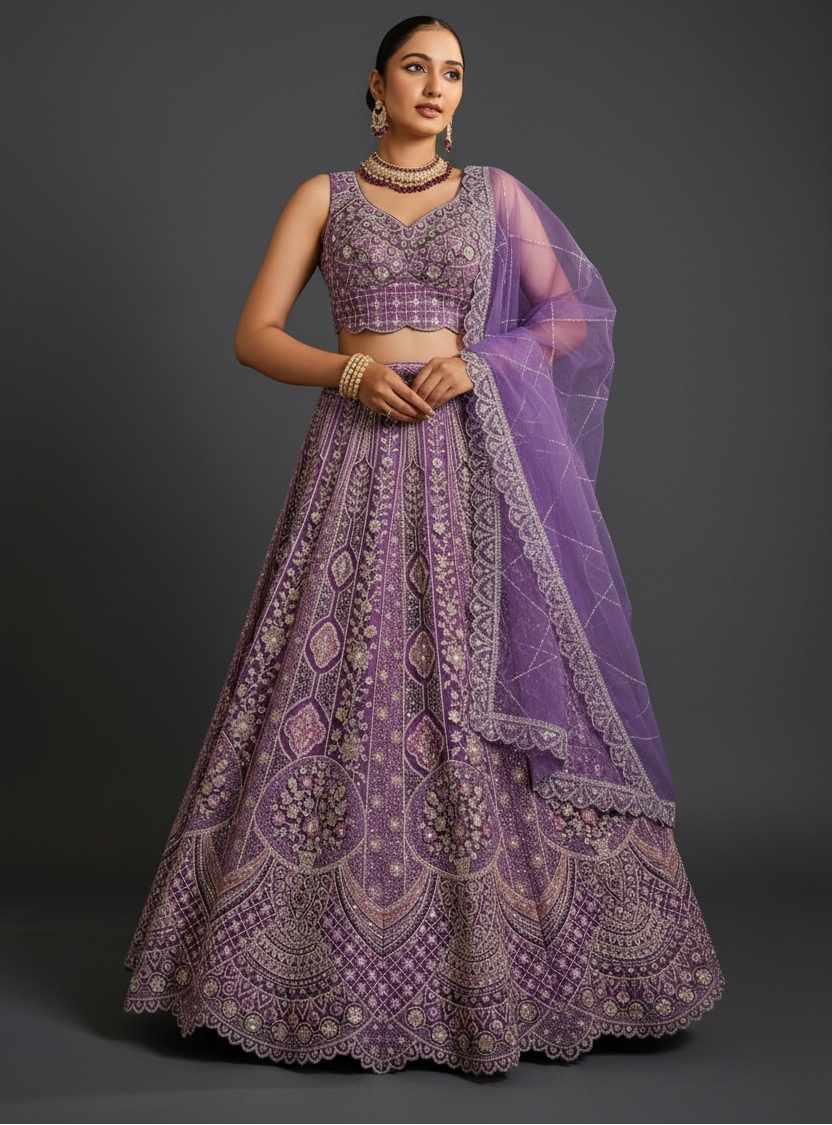 Net Lehenga Set with Resham Embroidery and Stone Work