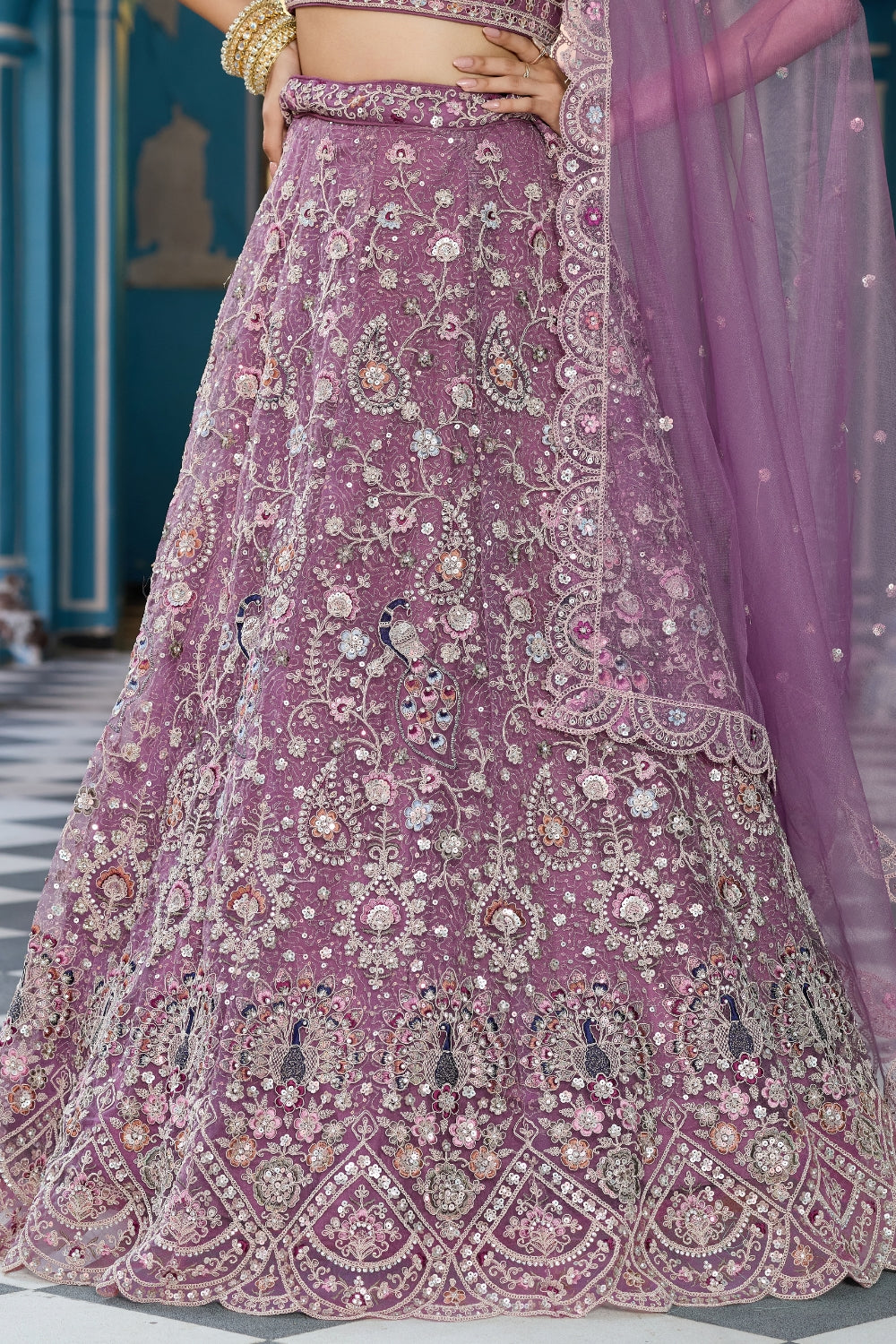 Net Lehenga Set with Resham Embroidery and Stone Work