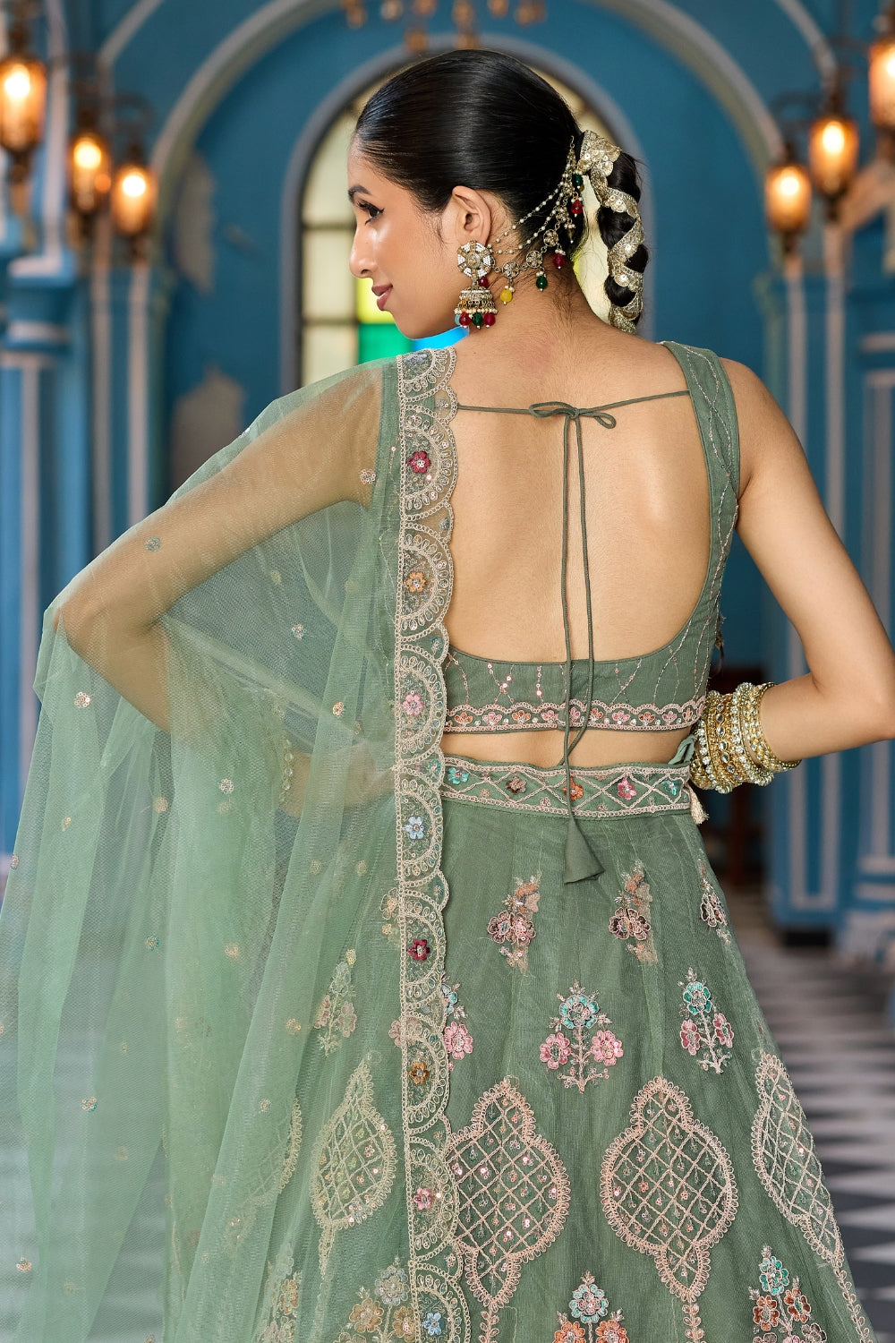 Net Lehenga Set with Resham Embroidery and Stone Work