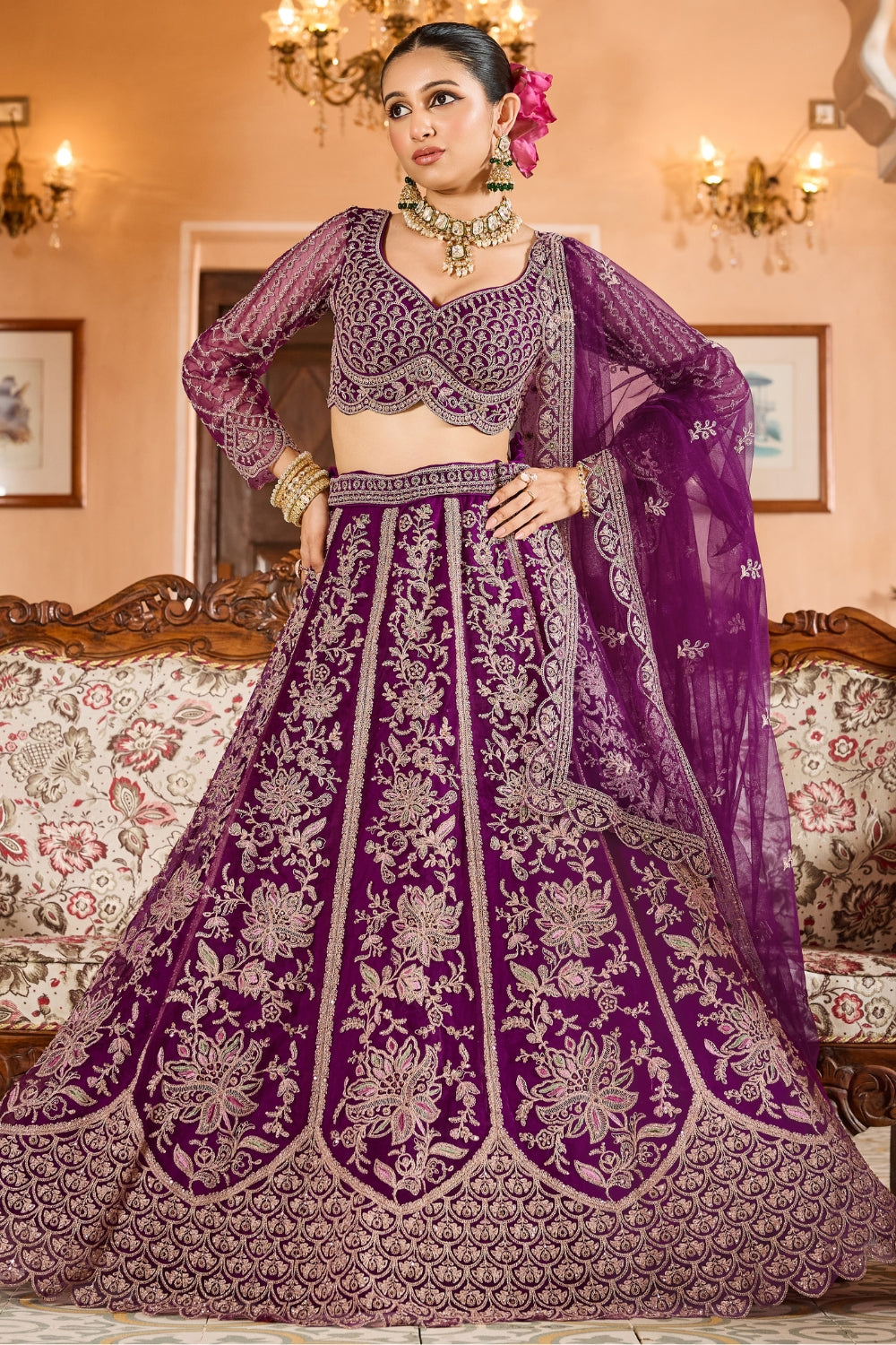 Net Lehenga Set with Resham Embroidery and Stone Work
