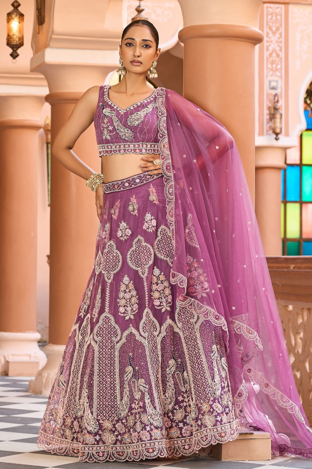 Net Lehenga Set with Resham Embroidery and Stone Work