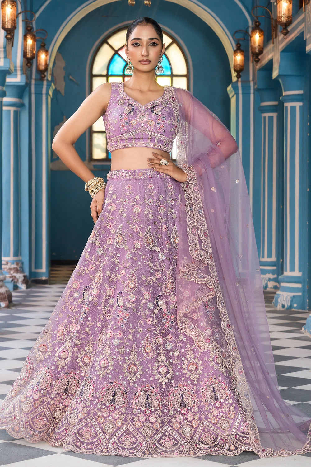 Net Lehenga Set with Resham Embroidery and Stone Work