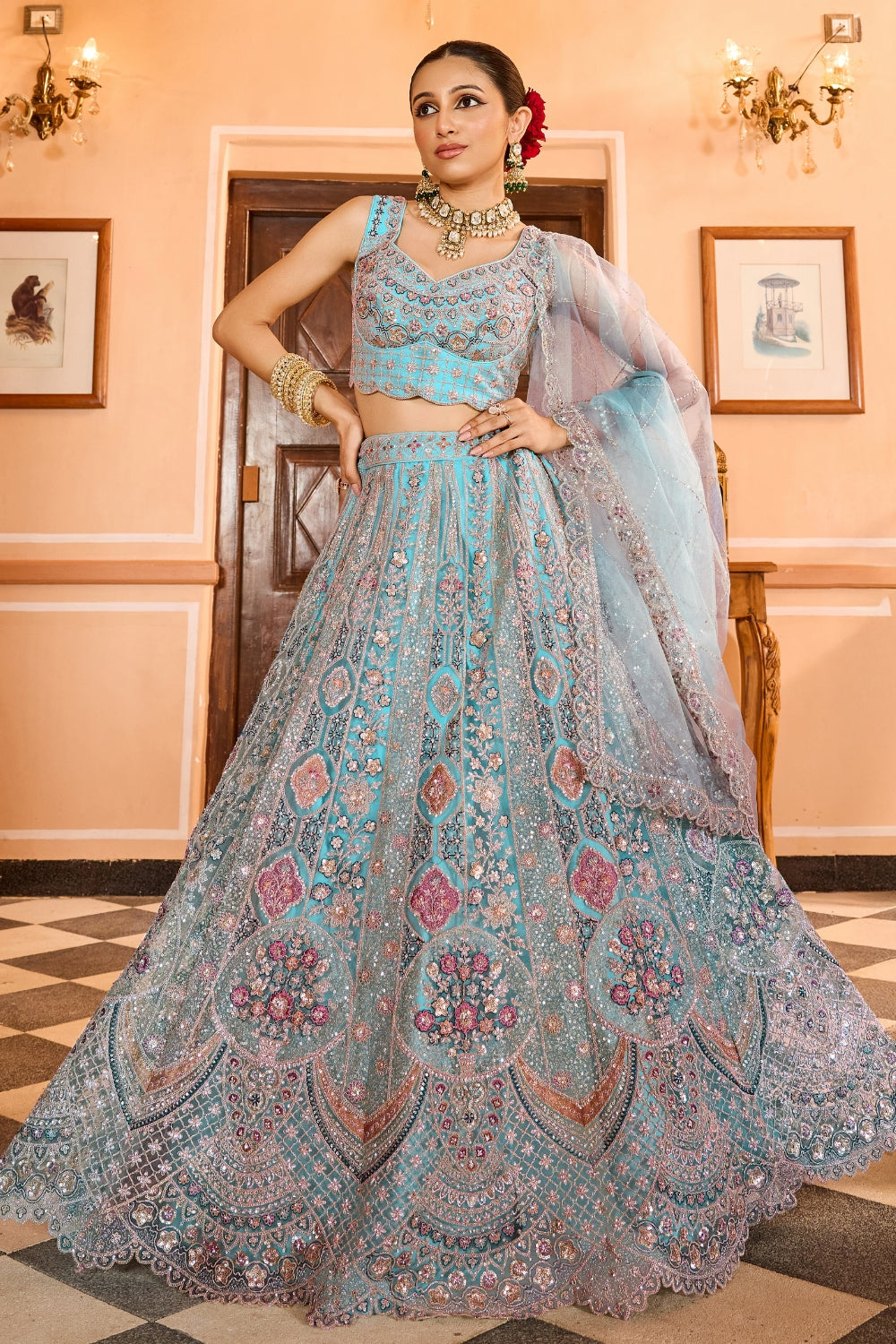 Net Lehenga Set with Resham Embroidery and Stone Work
