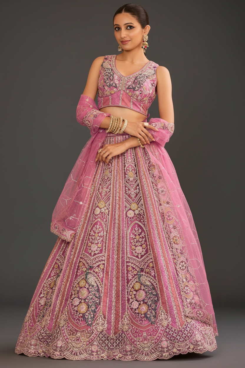 Net Lehenga Set with Sequins and Stone Work