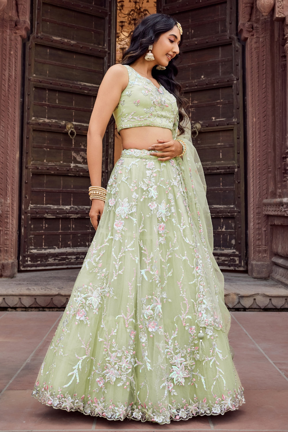 Net Lehenga Set with Stone and Sequins Work
