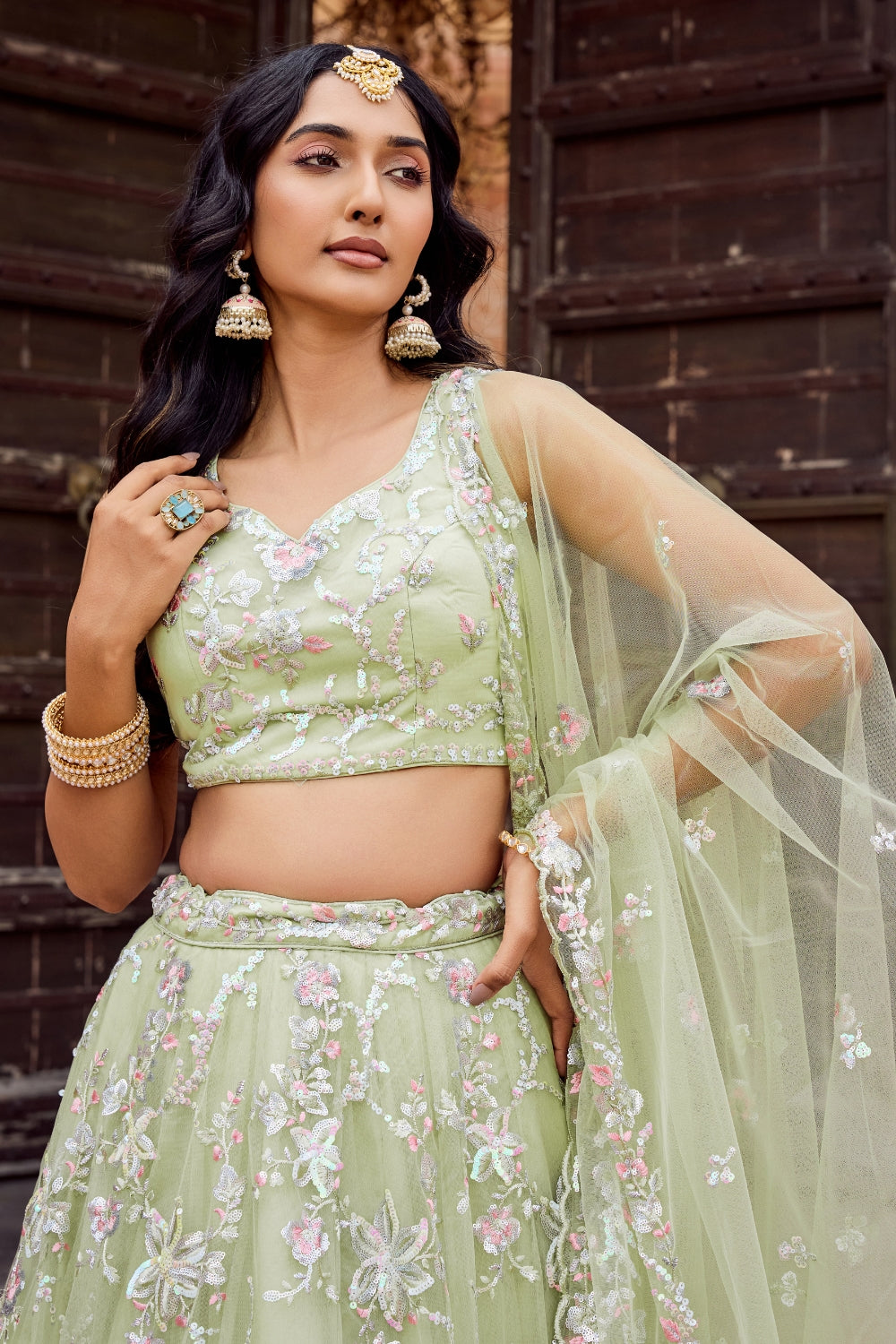 Net Lehenga Set with Stone and Sequins Work
