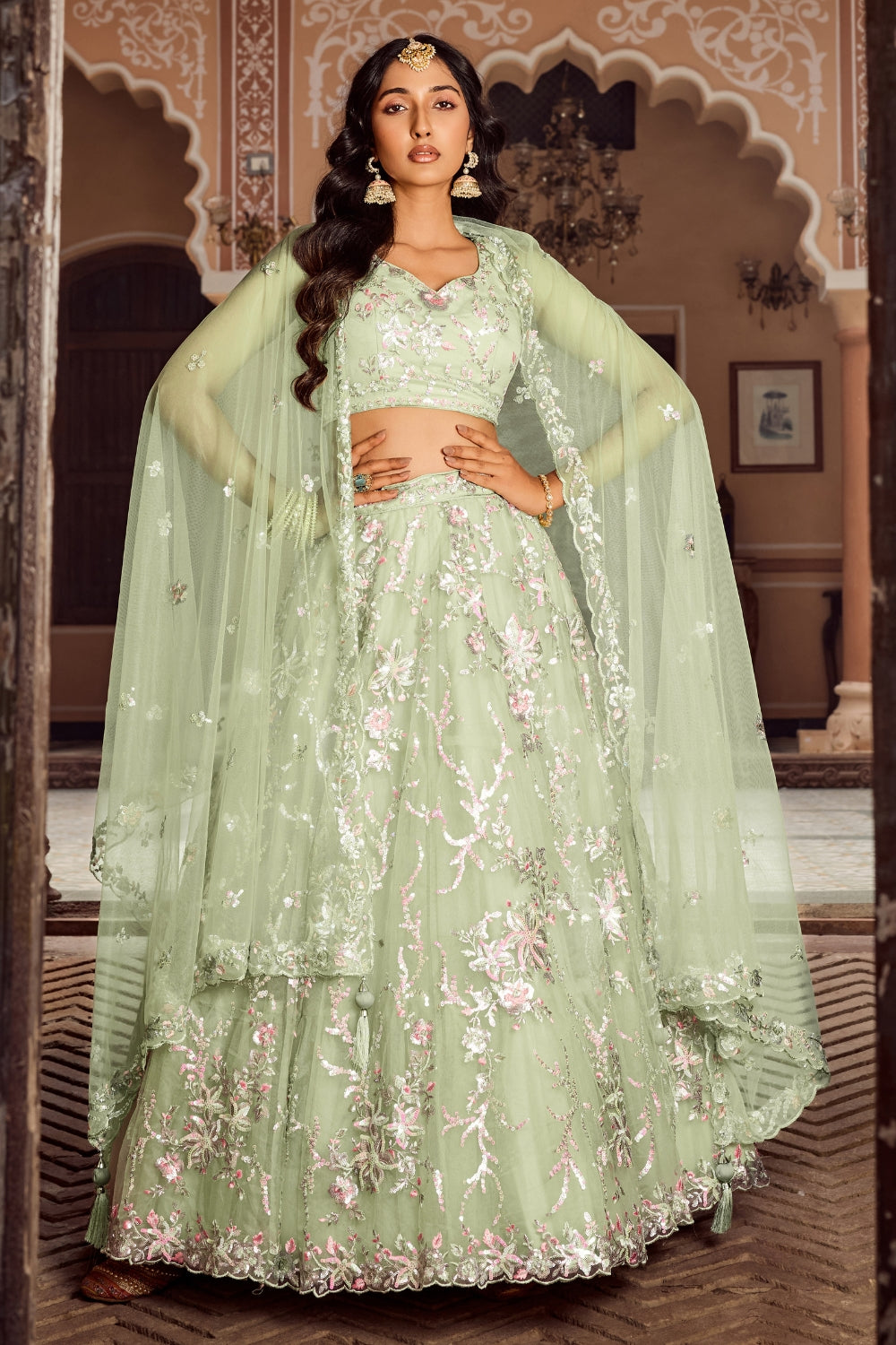 Net Lehenga Set with Stone and Sequins Work