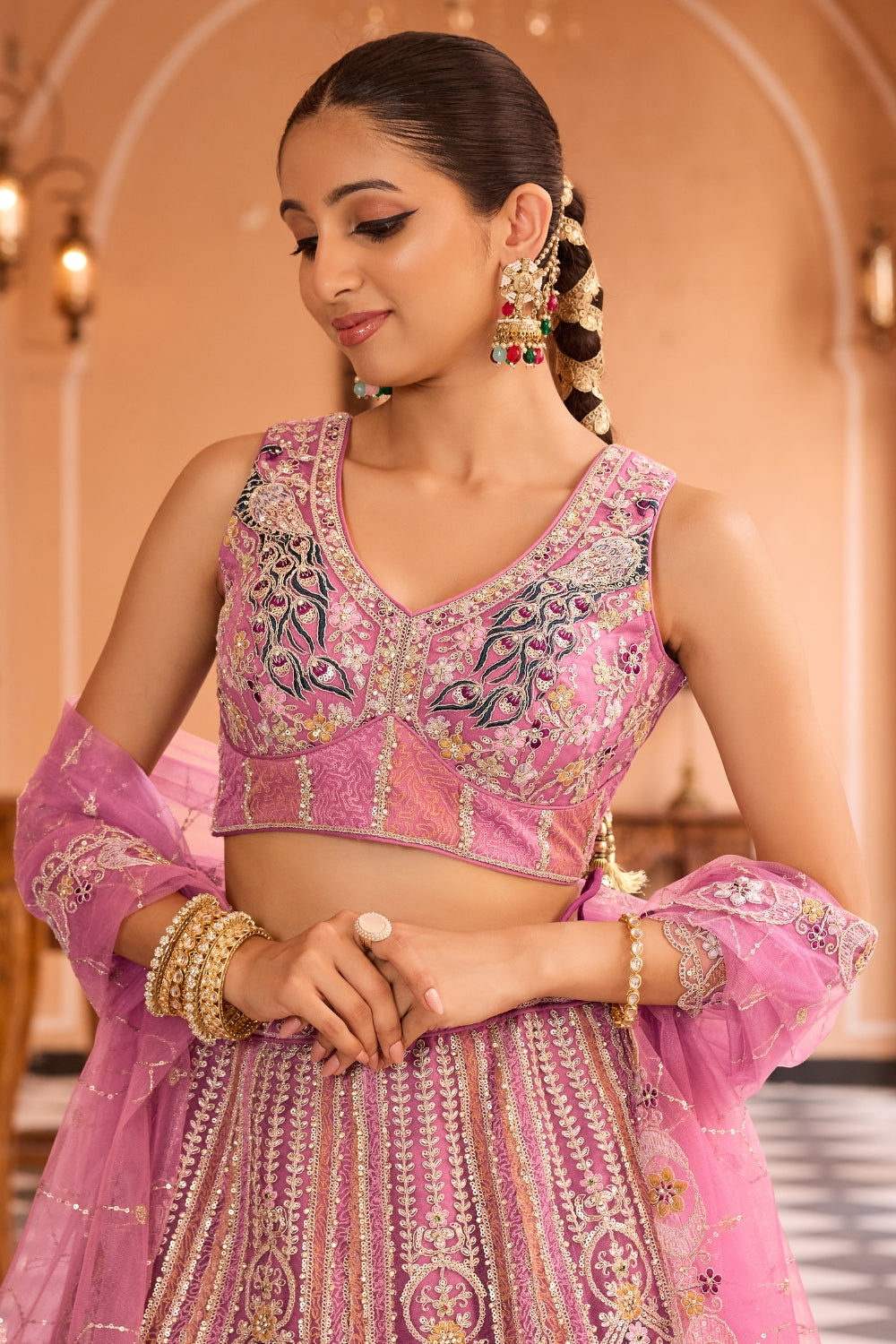 Net Lehenga Set with Sequins and Stone Work